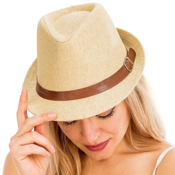 LAST 1! Straw Trilby Fedora Hat with Belt Design - Picture 3 of 5